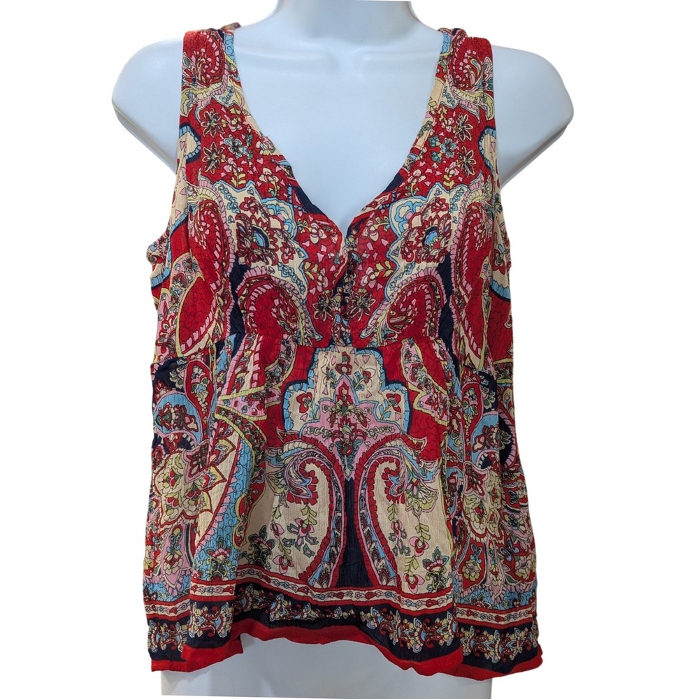 Patrons of Peace Anthropologie Womens Red Paisley Floral V-Neck Tank Top Boho
